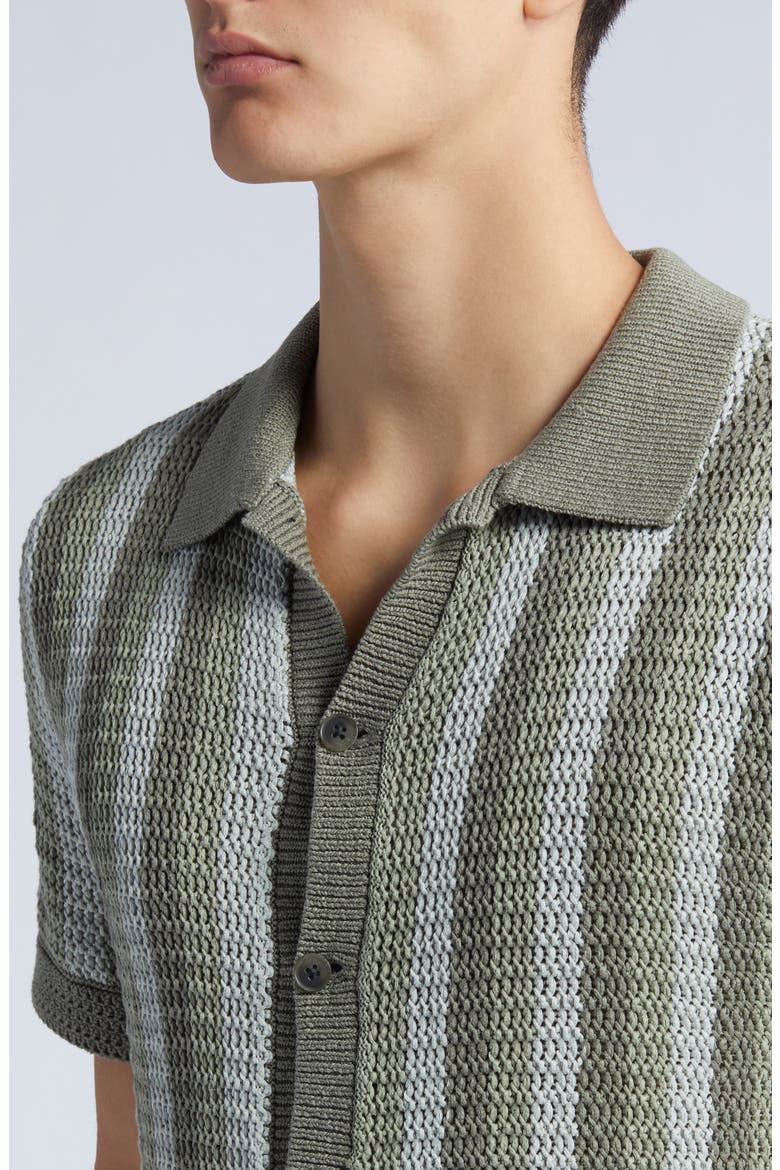 Crochet Stripe Short Sleeve Button-Up Cotton Sweater, Alternate, color, DRIED CACTUS COMBO