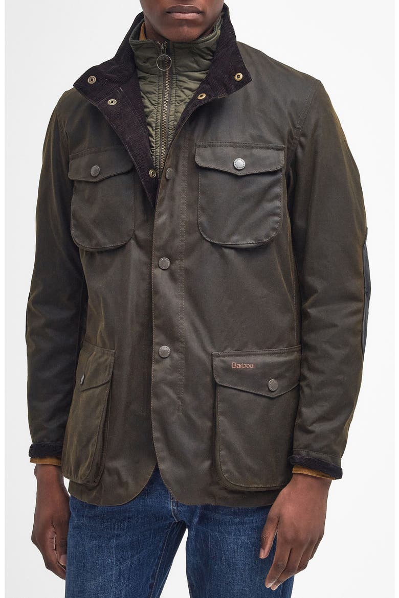 Ogston Water Resistant Waxed Cotton Jacket with Removable Quilted Bib, Main, color, OLIVE I