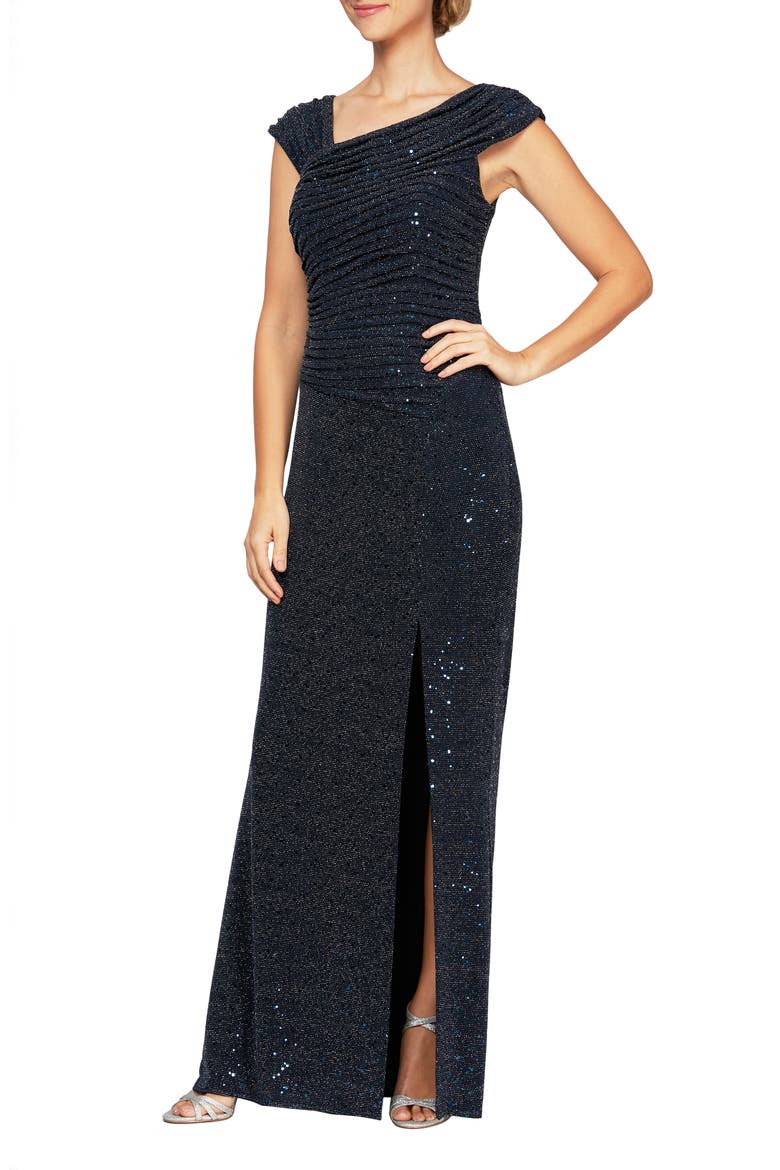 Sequin Ruched Neck Sparkle Knit Gown, Main, color, NAVY/ SILVER