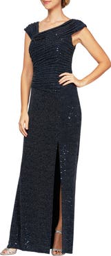 Alex Evenings Sequin Ruched Neck Sparkle Knit Gown
