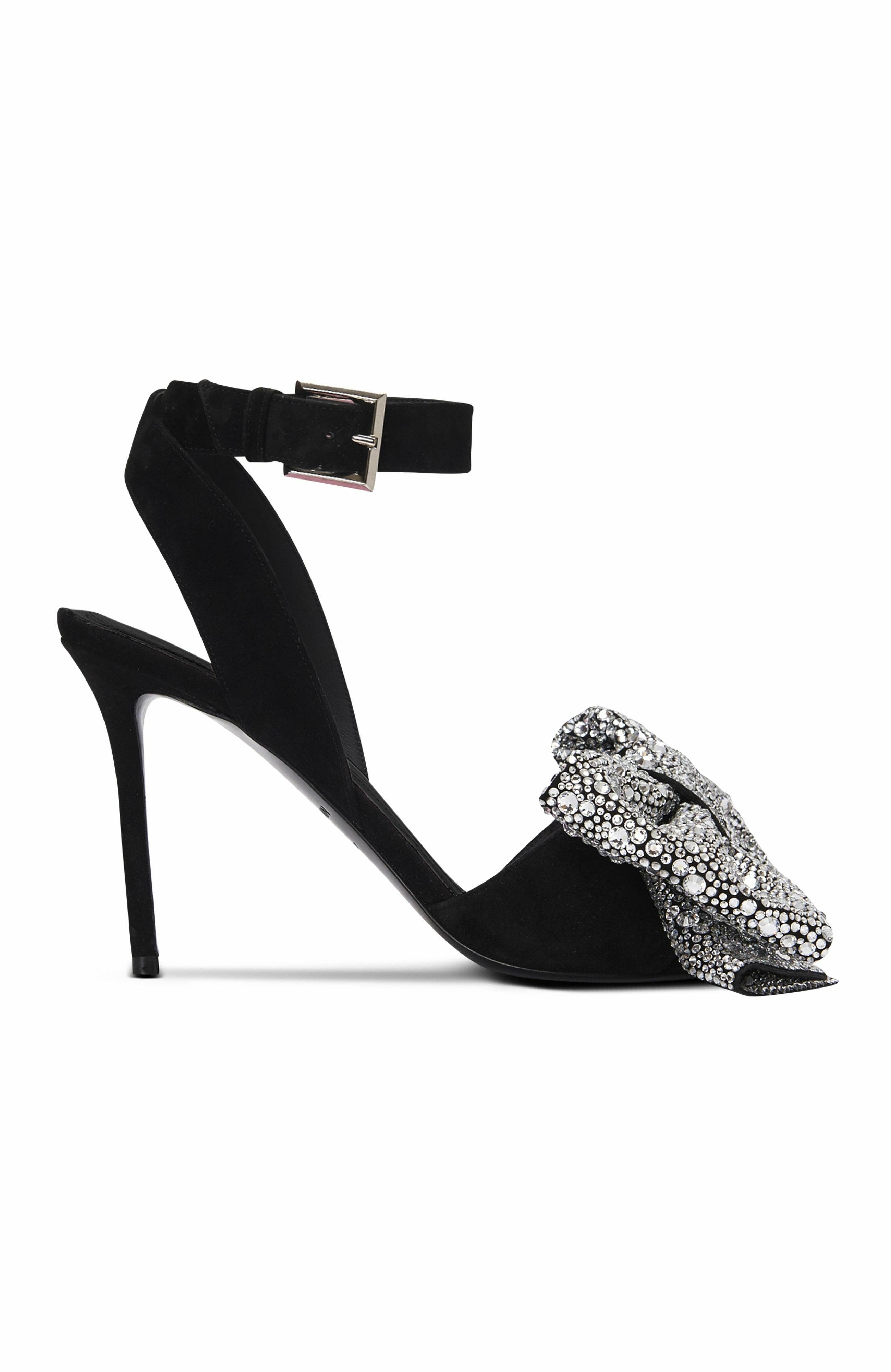 Balmain Suede Ruby Heels With Rhinestone Bows, Main, color, Black