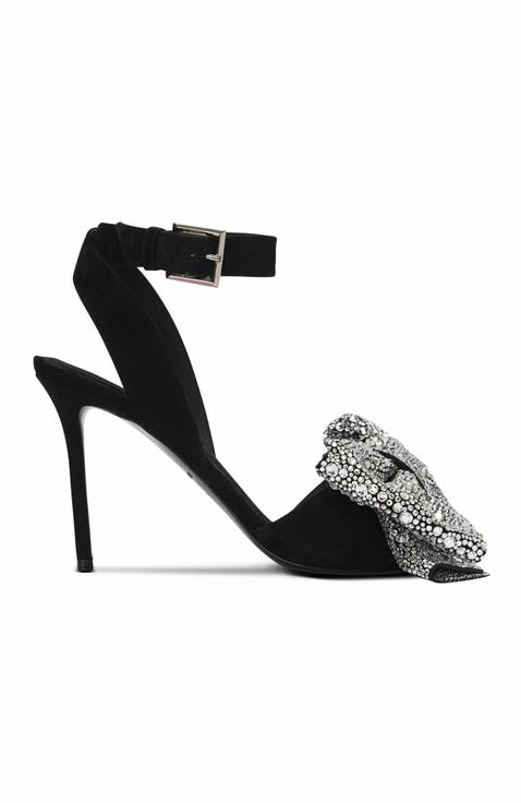Suede Ruby Heels With Rhinestone Bows