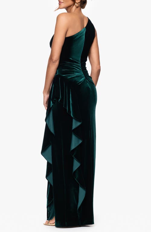 Xscape Evenings One-shoulder Ruffle Stretch Velvet Gown In Green