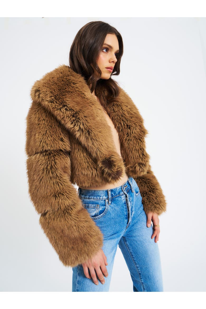 Yadavi Plush Vegan Faux Fur Cropped Jacket, Alternate, color, Brown