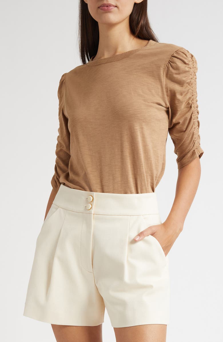 Veronica Beard Waldorf Ruched Sleeve Cotton Slub Top, Main, color,