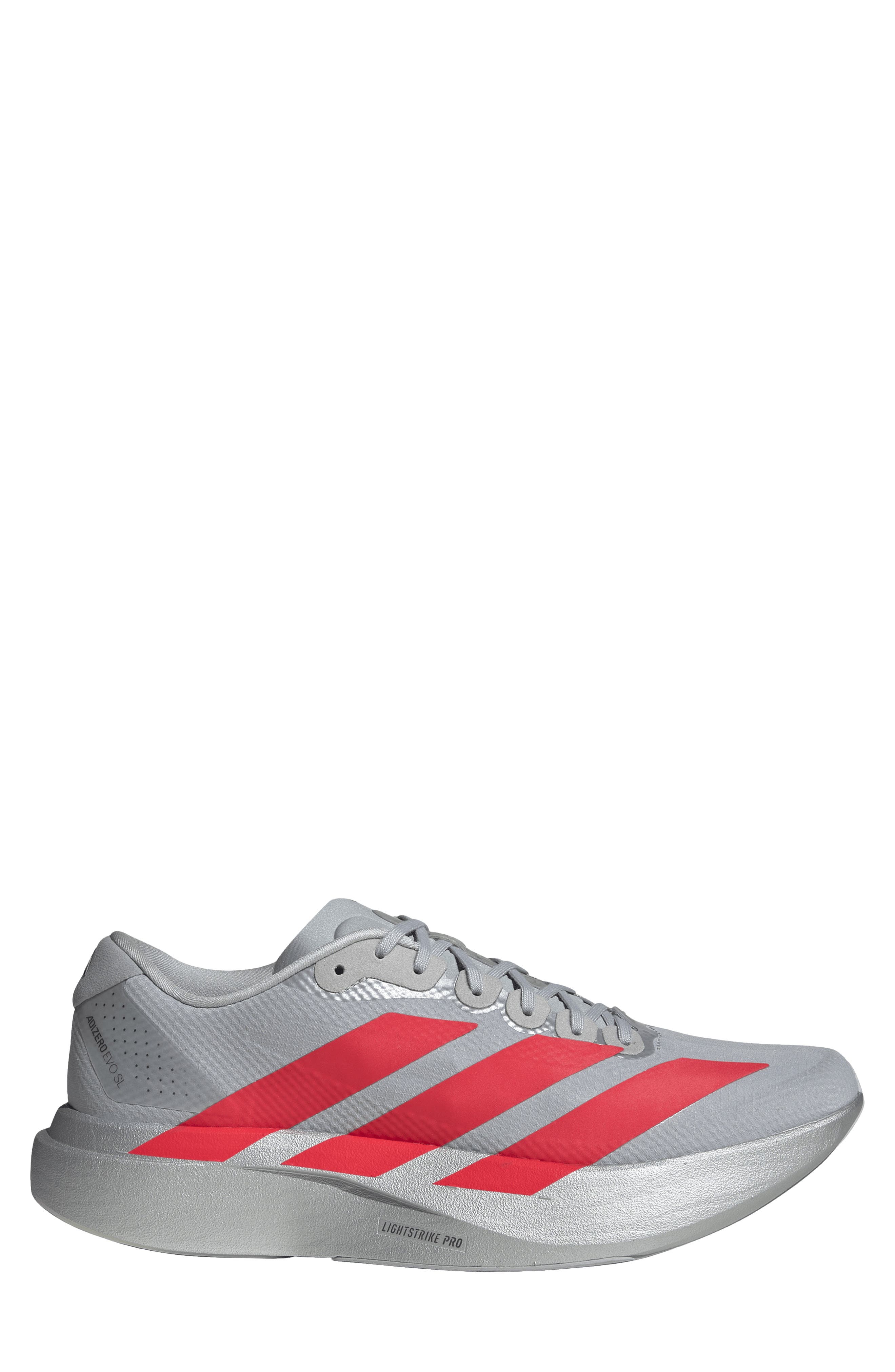 adidas Adizero Evo SL Running Shoe, Alternate, color, Silver / Red/ Iron