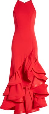 Betsy 
Adam Ruffle Halter Crepe Gown