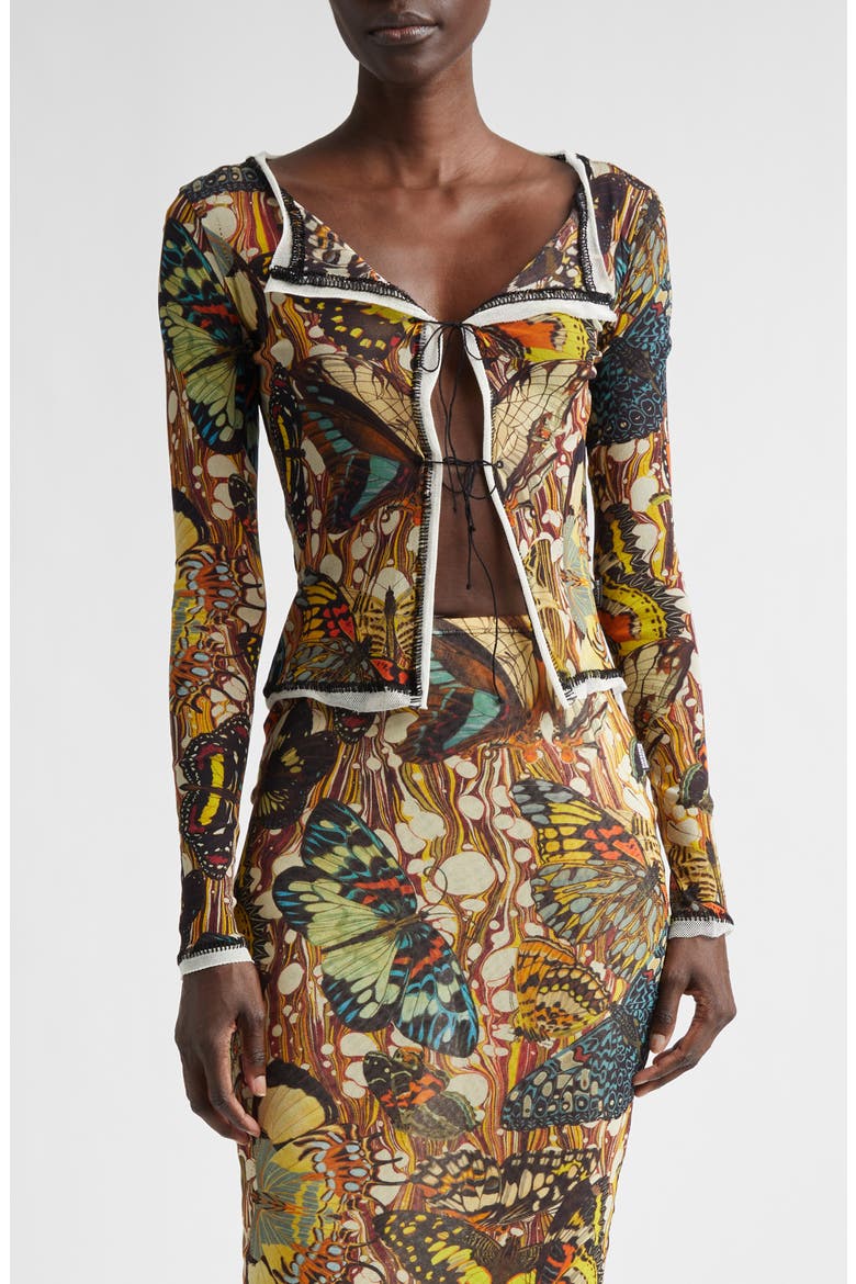 Re-Edition Butterfly Print Mesh Cardigan, Main, color, YELLOW/ MULTICOLOR