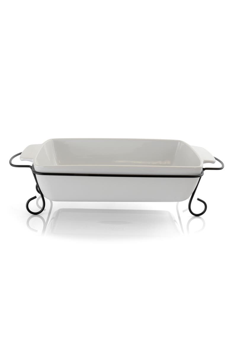 2 Piece Rectangle 15.5 Inch Stoneware Bakeware with Metal Rack, Main, color, White