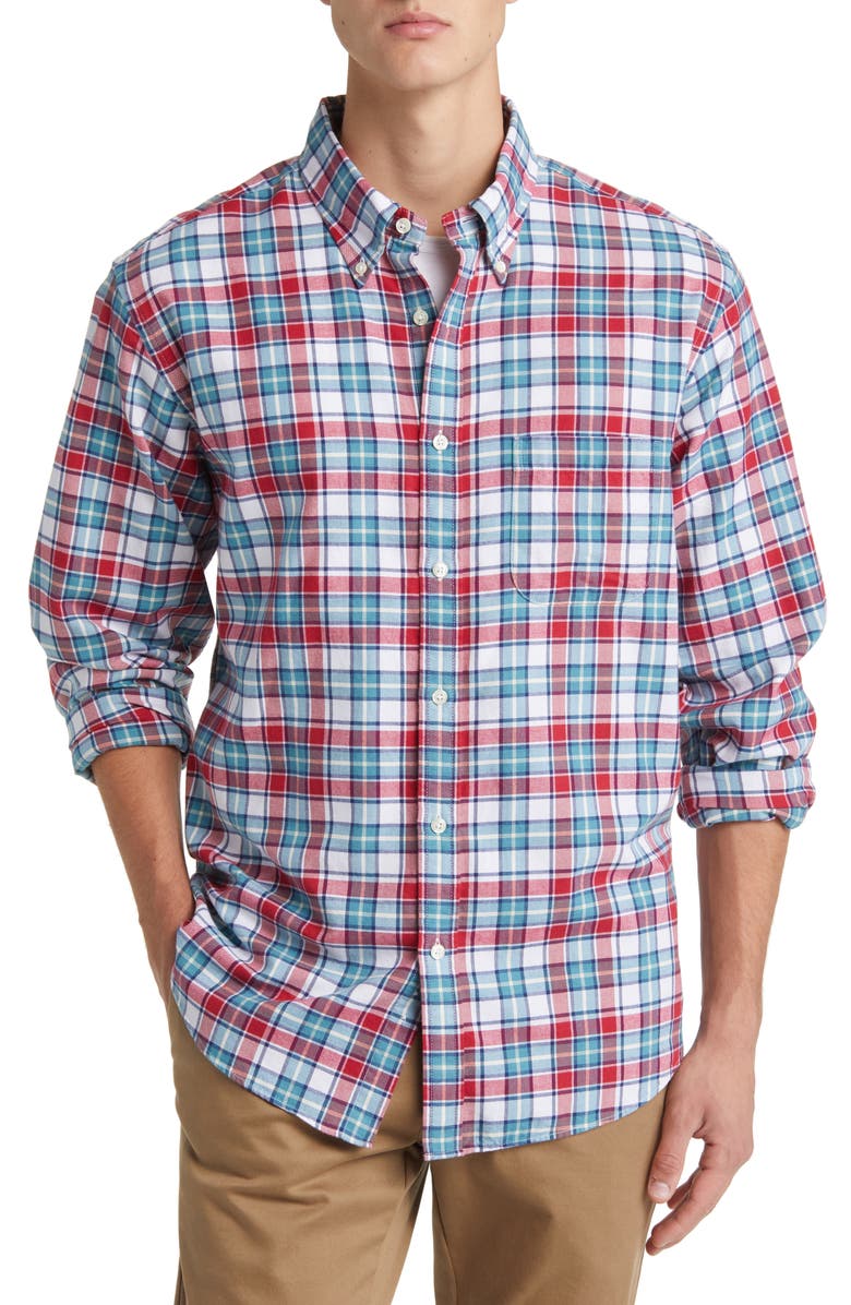 Brooks Brothers Plaid Brushed Cotton & Wool Flannel Button-Down Shirt, Main, color, 