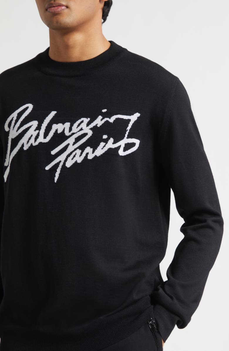 Balmain Paris Logo Intarsia Merino Wool Blend Sweater, Alternate, color, Black/ White