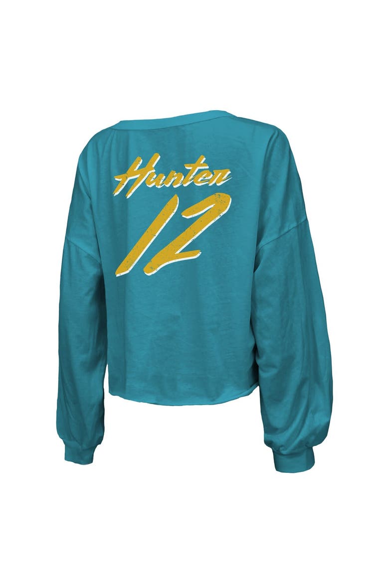 Women's Majestic Threads Travis Hunter Teal Jacksonville Jaguars 2025 NFL Draft First Round Pick Off-Shoulder Script Name & Number V-Neck T-Shirt, Alternate, color, Teal