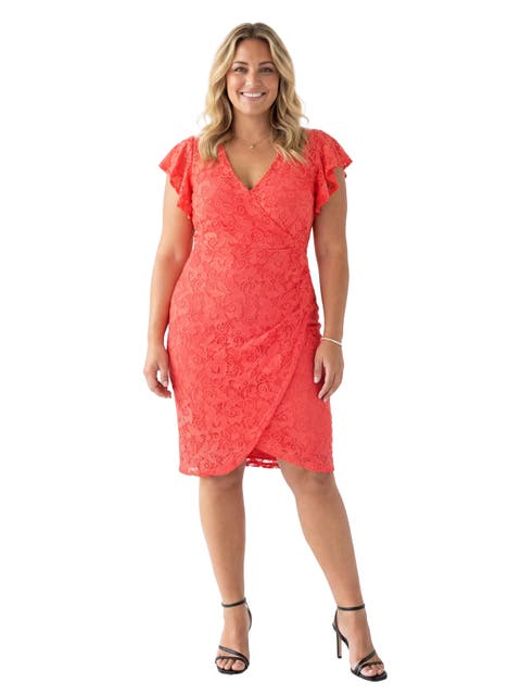 Curvy Elevate Lace V-Neck Flutter Sleeve Faux Wrap Midi Dress