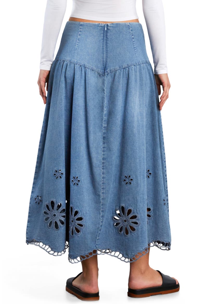 Camellia Floral Cutout Denim Maxi Skirt, Alternate, color, DREAM DENIM