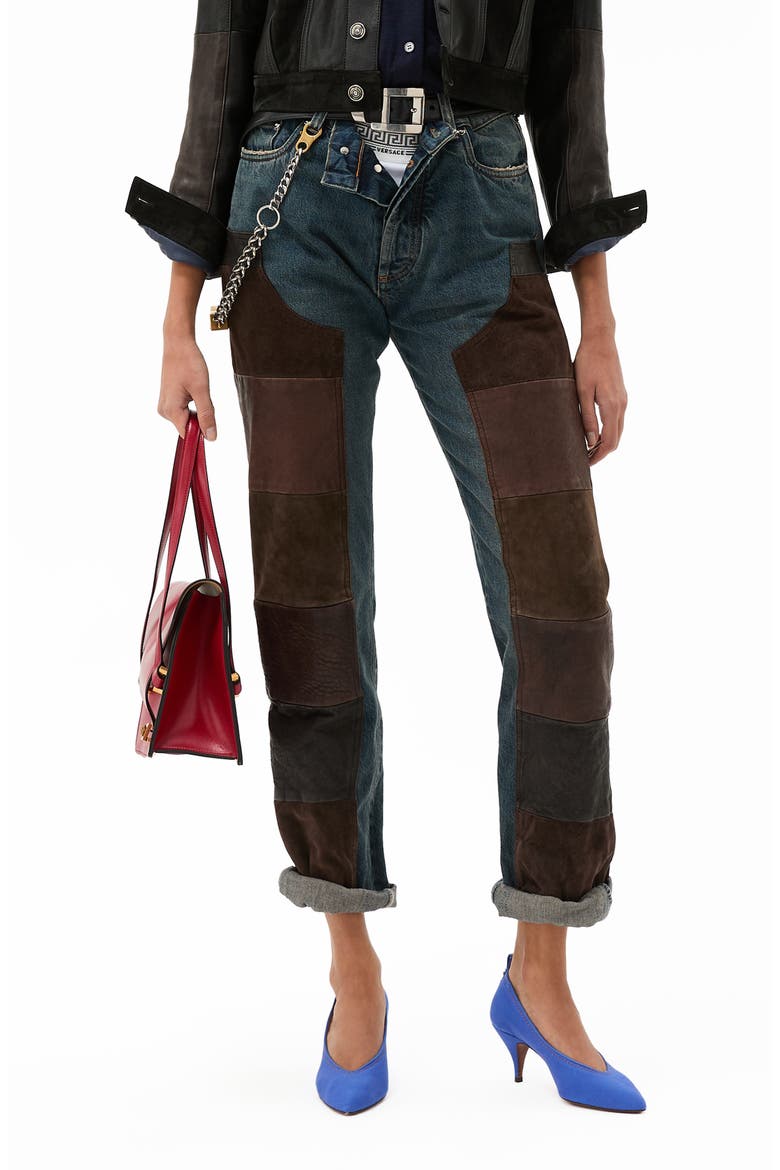 Gender Inclusive Leather Patchwork Straight Leg Jeans, Main, color, DIRTY BLUE BROWN