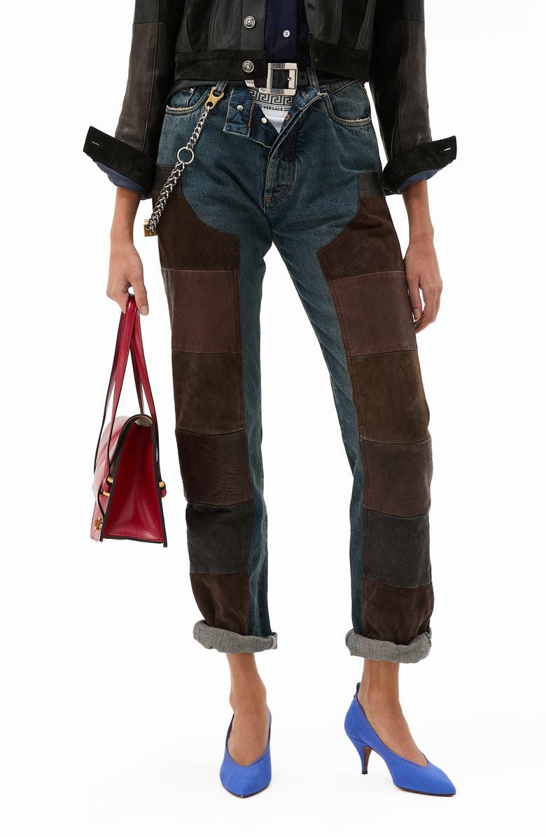 Versace Gender Inclusive Leather Patchwork Straight Leg Jeans, Main, color, Dirty Blue Brown