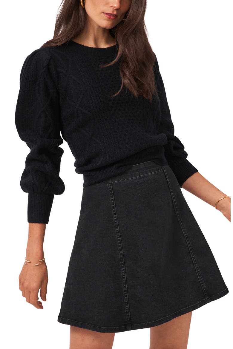 Variegated Cables Crew Sweater, Main, color, RICH BLACK