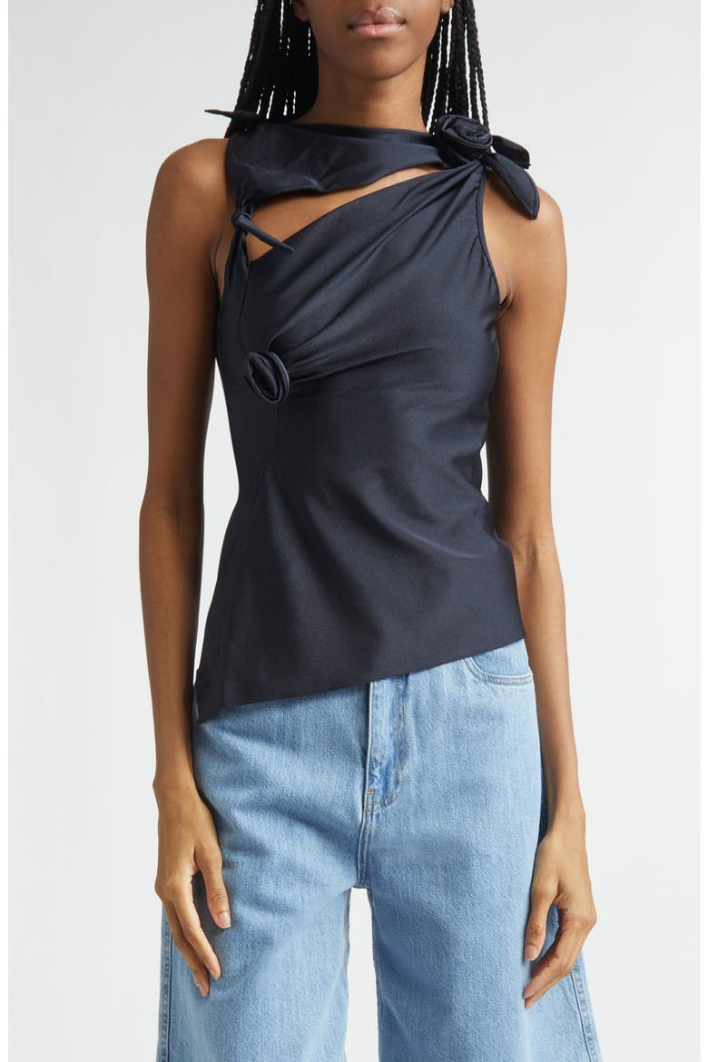 Rosette Cutout Asymmetric Jersey Top, Main, color, BLACK BLK