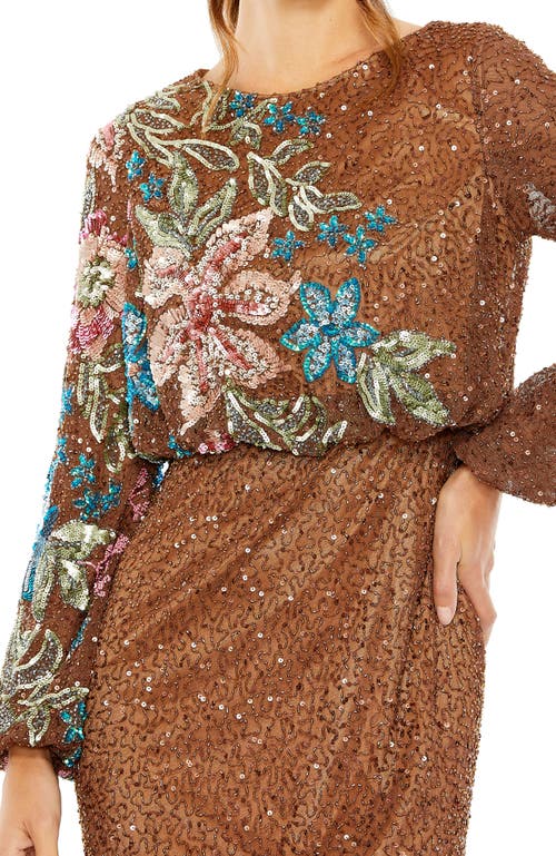 MAC DUGGAL MAC DUGGAL FLORAL EMBELLISHED LONG BLOUSON SLEEVE SEQUIN COLUMN GOWN