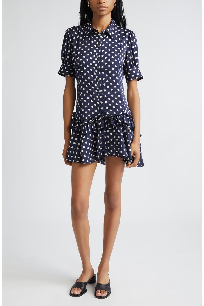 Snood Polka Dot Tiered Satin Shirtdress, Main, color, NAVY MULTI