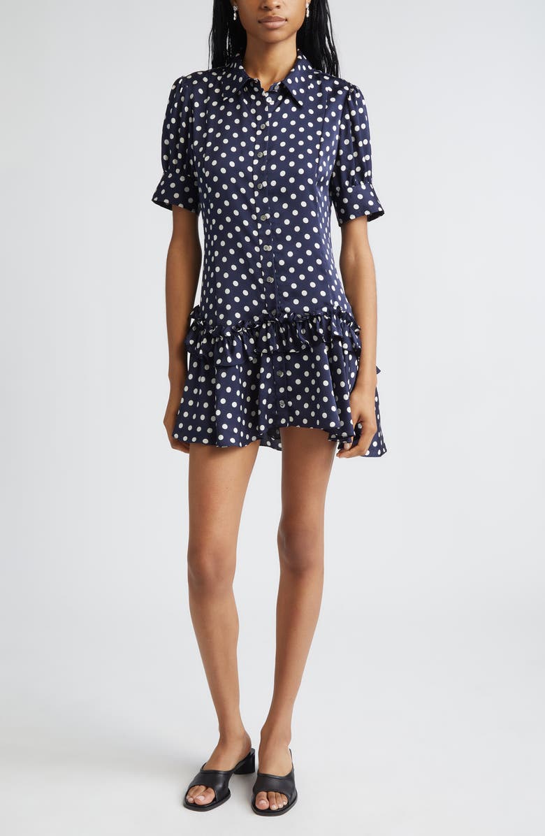 Sandy Liang Snood Polka Dot Tiered Satin Shirtdress, Main, color, Navy Multi