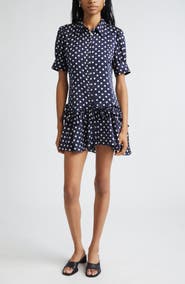 Sandy Liang Snood Polka Dot Tiered Satin Shirtdress
