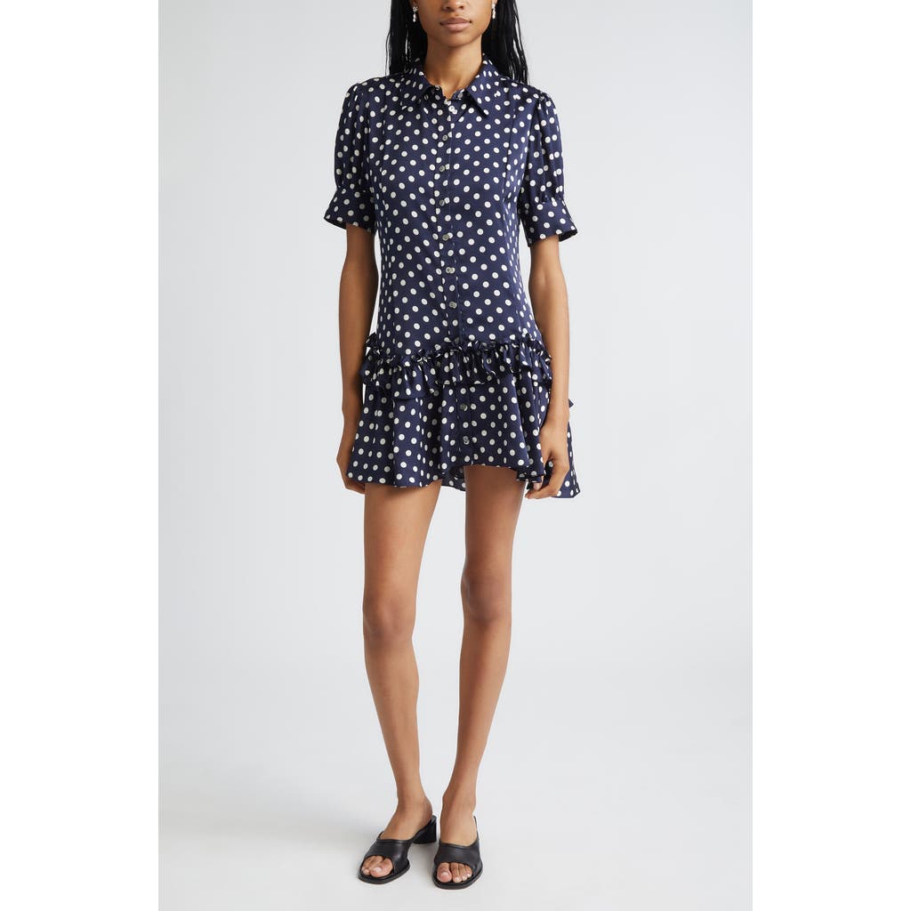 Sandy Liang Snood Polka Dot Tiered Satin Shirtdress In Blue