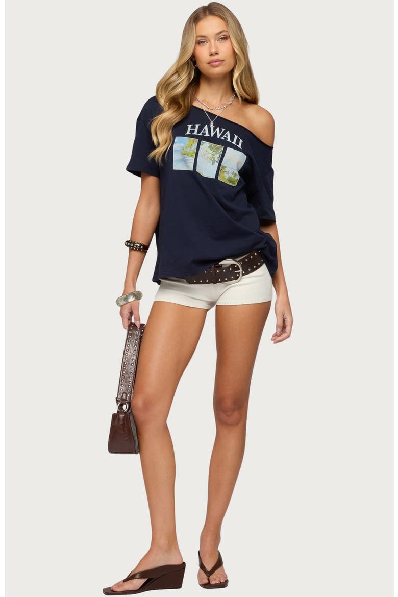 Hawaiian Babe Off the Shoulder Cotton Graphic T-Shirt, Alternate, color, NAVY