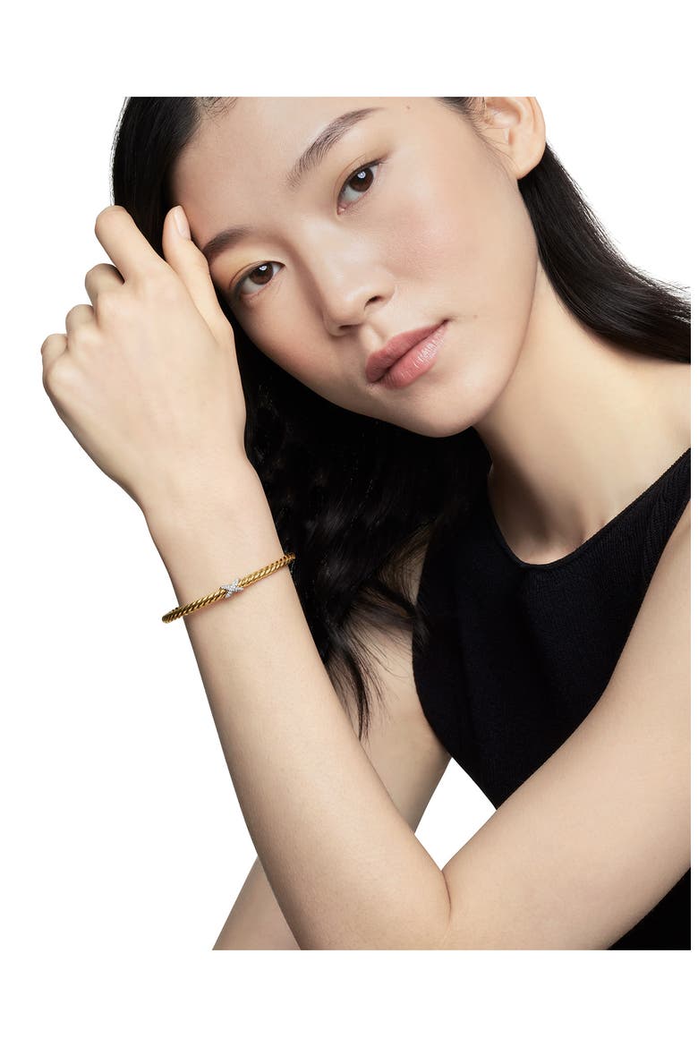 X Cablespira® Station Bracelet in 18K Yellow Gold with Pavé Diamonds, 4mm, Alternate, color, DIAMOND