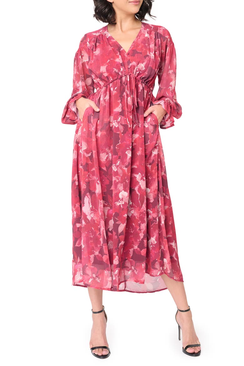 The Blissful Floral Print Tie Waist Long Sleeve Maxi Dress, Main, color, ROSEBERRY RED FLORAL