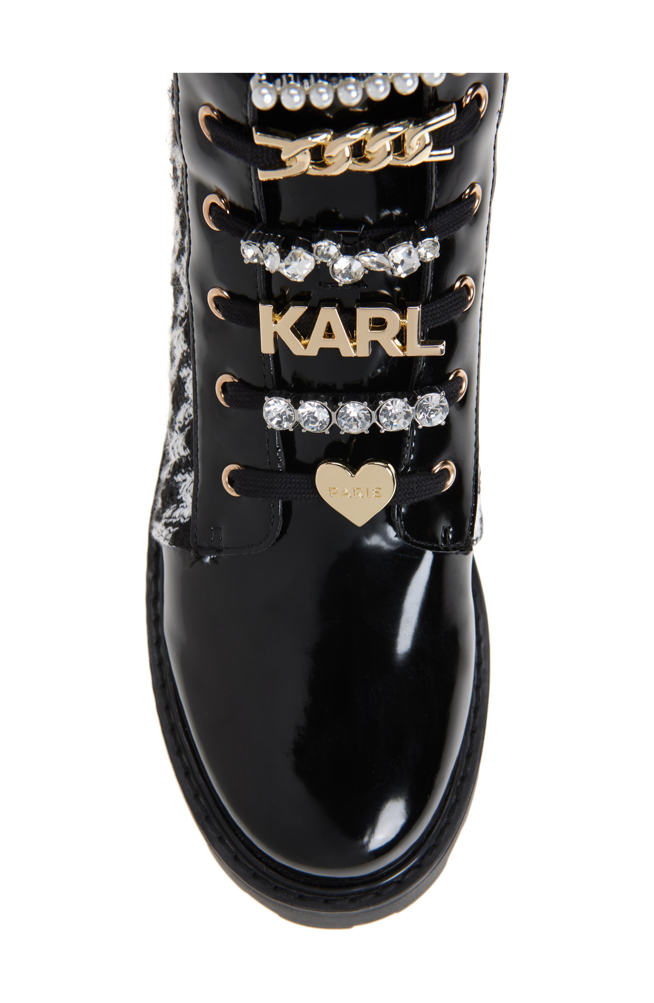KARL LAGERFELD PARIS Maple Tweed Combat Boot, Alternate, color, Black/White