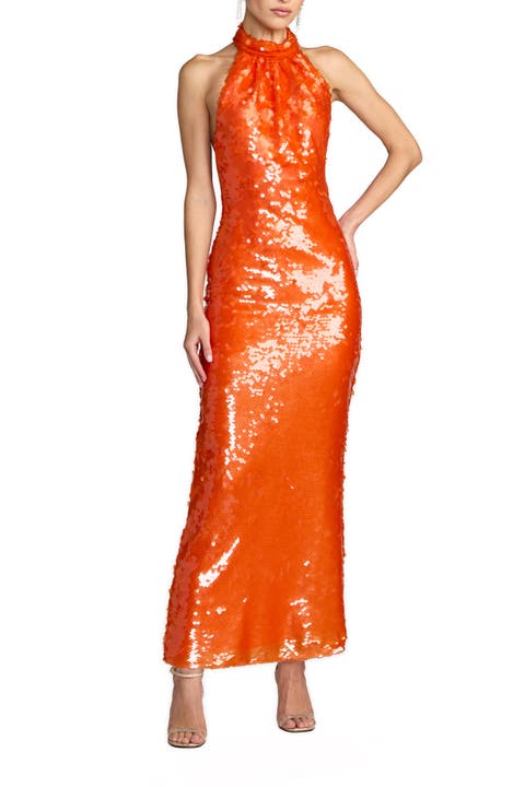 Sleeveless Sequin Halter Cowl Back Ankle Dress