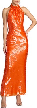 Mac Duggal Sleeveless Sequin Halter Cowl Back Ankle Dress