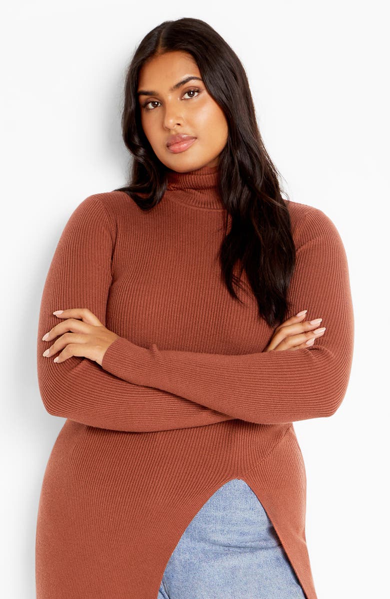 City Chic Split Longline Long Sleeve Sweater, Alternate, color, Toffee