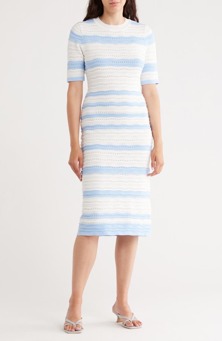 Nanette Lepore Stripe Pointelle Stitch Sweater Dress, Main, color, Airy Blue/ Cream