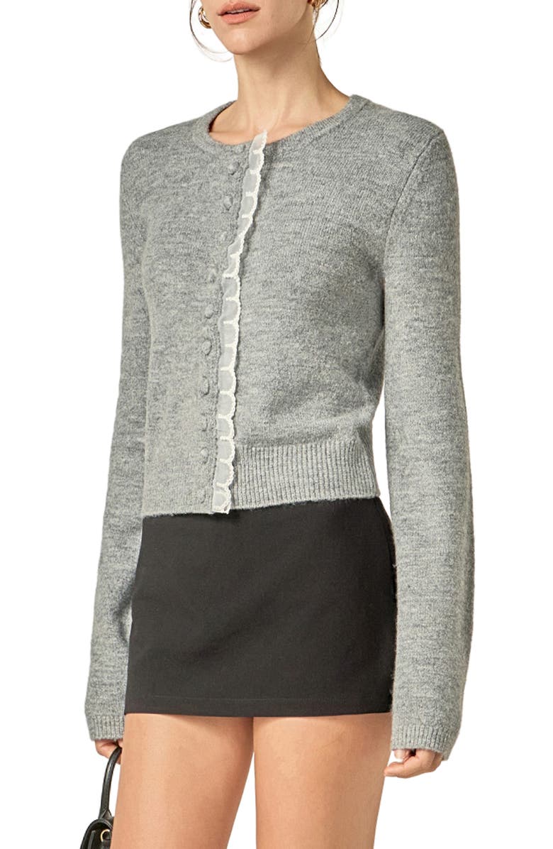 English Factory Scallop Trim Cardigan, Alternate, color, Heather Grey