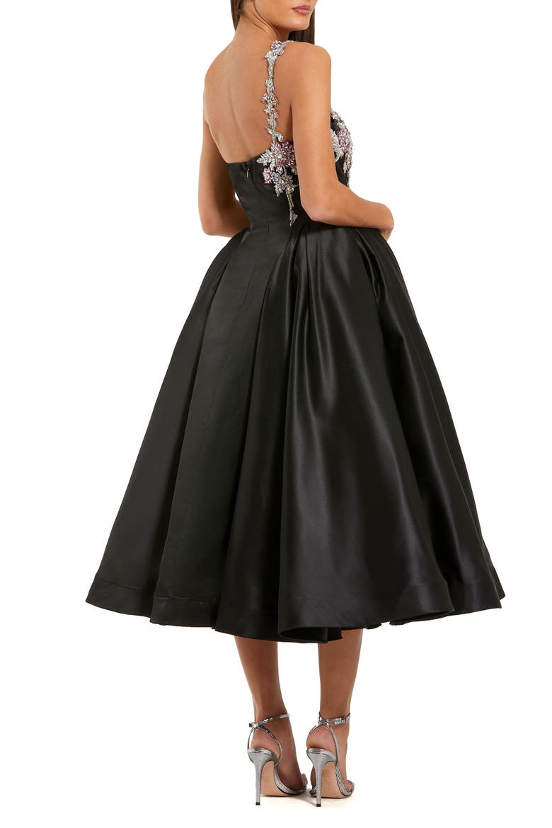One Shoulder Satin Midi Dress With Beaded Flowers, Alternate, color, Black Multi
