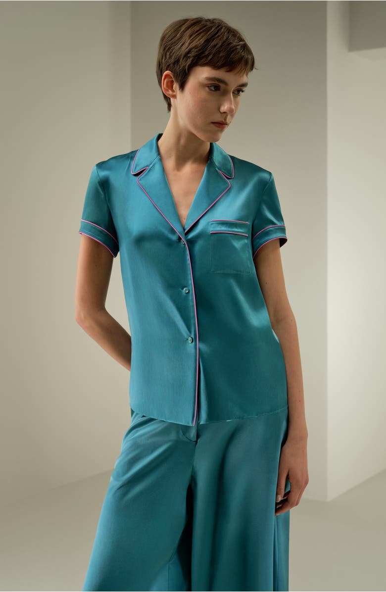 Lilysilk Lsxes Contrast-Trimmed Silk Shirt, Alternate, color, Adriatic Blue