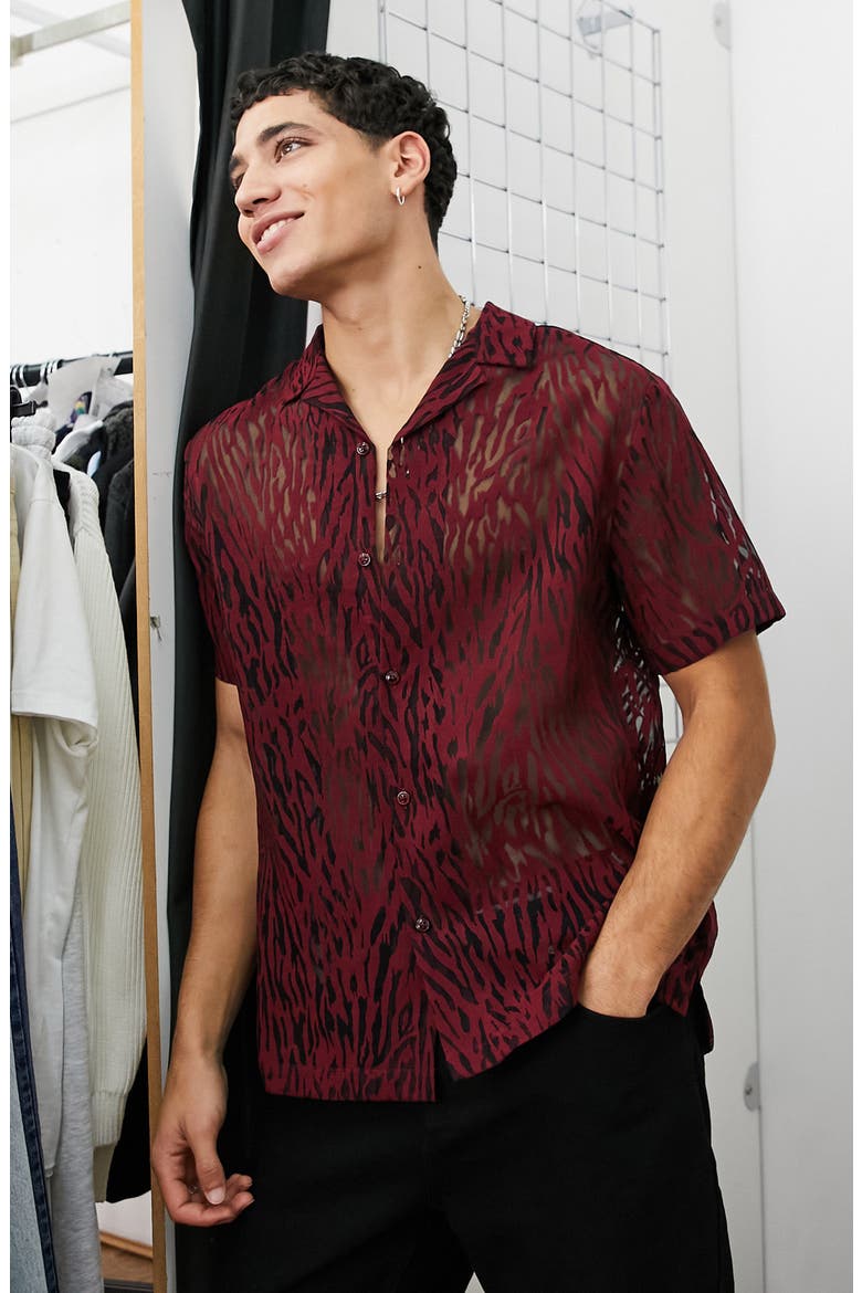 Tiger Print Burnout Camp Shirt, Alternate, color, RED