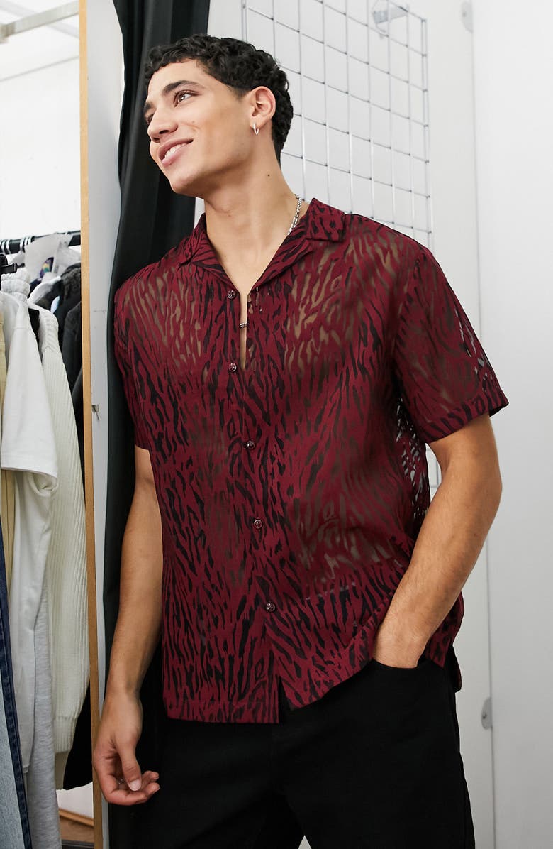 Topman Tiger Print Burnout Camp Shirt, Alternate, color,