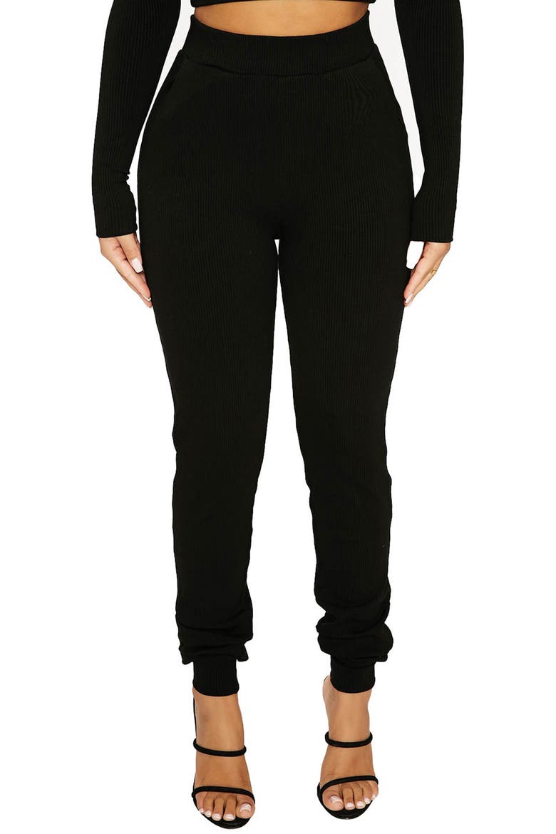 Snatched High Waist Ribbed Joggers, Main, color, BLACK