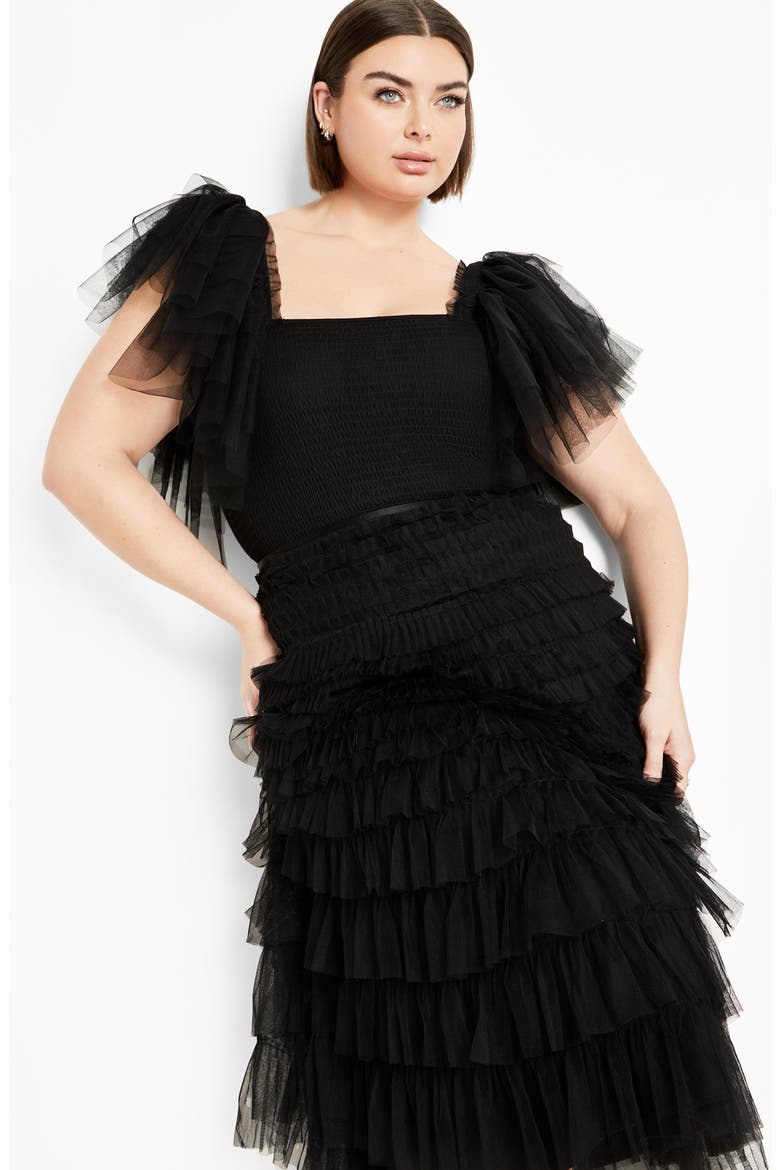 Averi Tiered Tulle Midi Skirt, Alternate, color, BLACK