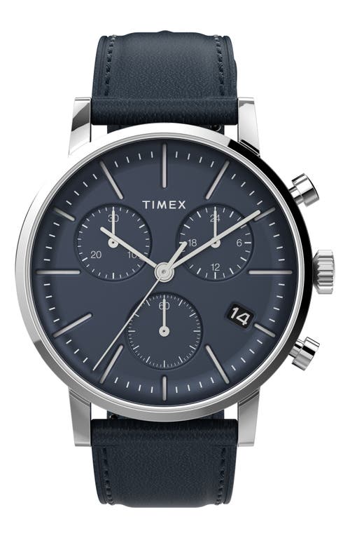 Timex® Midtown Chronograph Leather Strap Watch, 40mm in Silver/Blue/Blue at Nordstrom