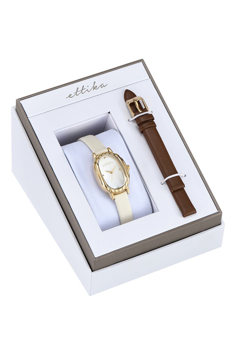 Oval Mother of Pearl Watch & Leather Strap Set, Alternate, color, CHOCOLATE