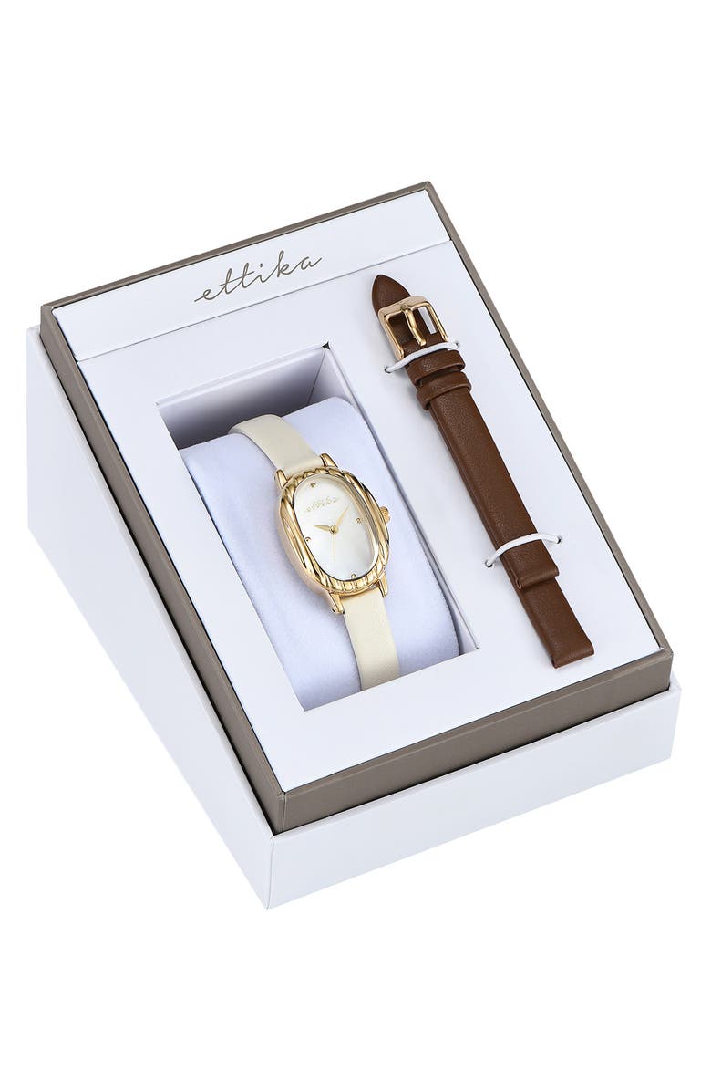 Ettika Oval Mother of Pearl Watch & Leather Strap Set, Alternate, color, Chocolate