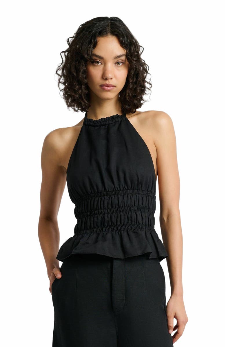 Onia Air Linen Smocked Halter Top, Alternate, color, Black