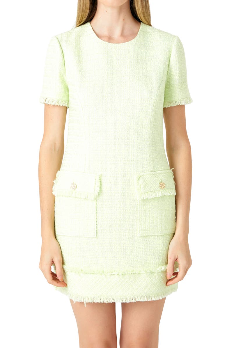 Endless Rose Frayed Trim Tweed Minidress, Alternate, color, Lime