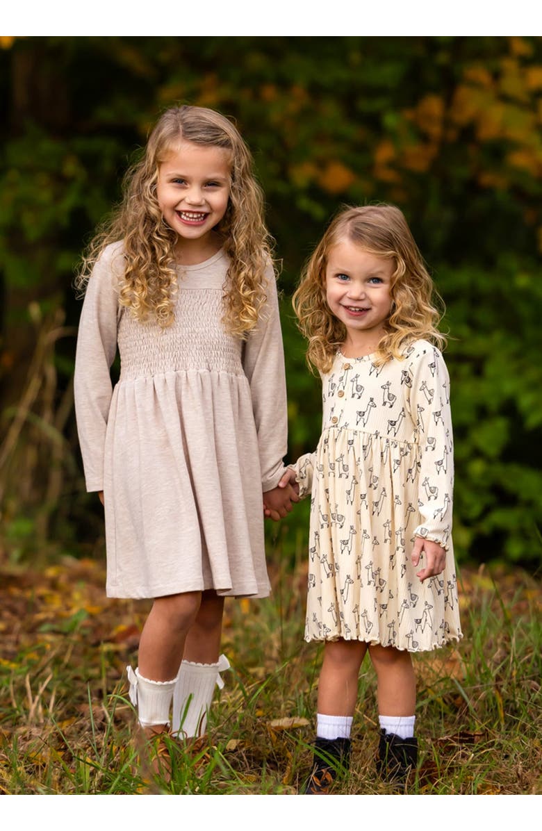 Mabel + Honey Mabel and Honey Millie Smocked Natural-Waist Toddler Dress, Beige Long-Sleeve Polyester-Blend., Alternate, color, Brown