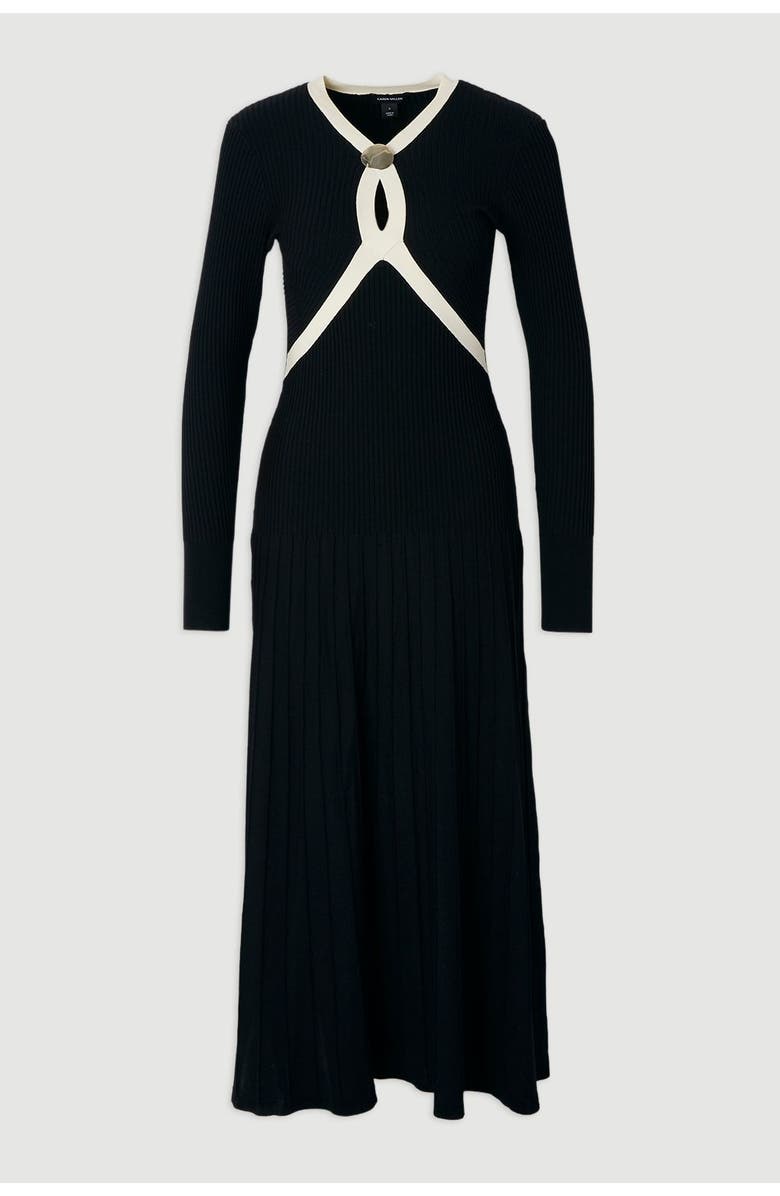 Karen Millen Rib Knit Trim Full Skirt Midi Dress, Alternate, color, Mono