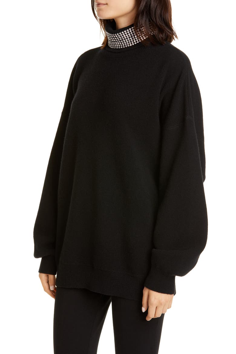 Crystal Neck Wool Blend Sweater, Alternate, color, BLACK